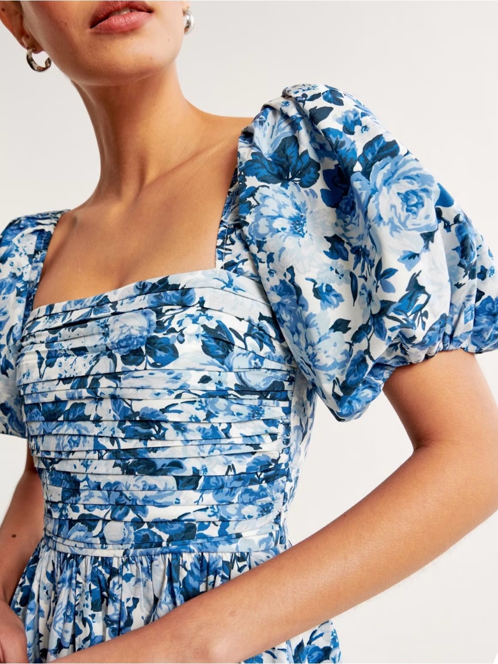 Abercrombie & Fitch Blue Floral Puff-Sleeve Emerson Midi Dress